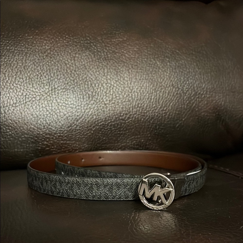 Michael Kors reversible MK logo signature monogram leather buckle belt NEW